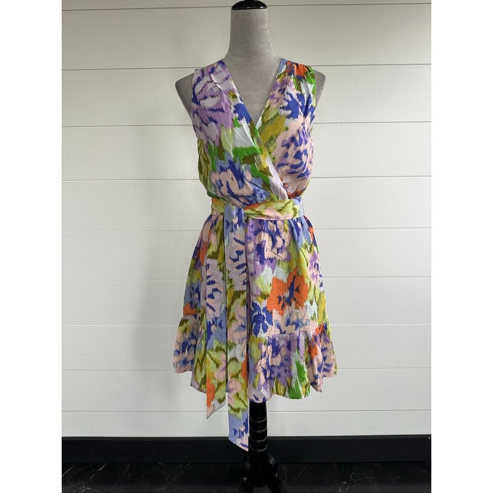 Sam Edelman Sleeveless Floral Tie-Waist Mini Dress in Purple & Green Sz 4